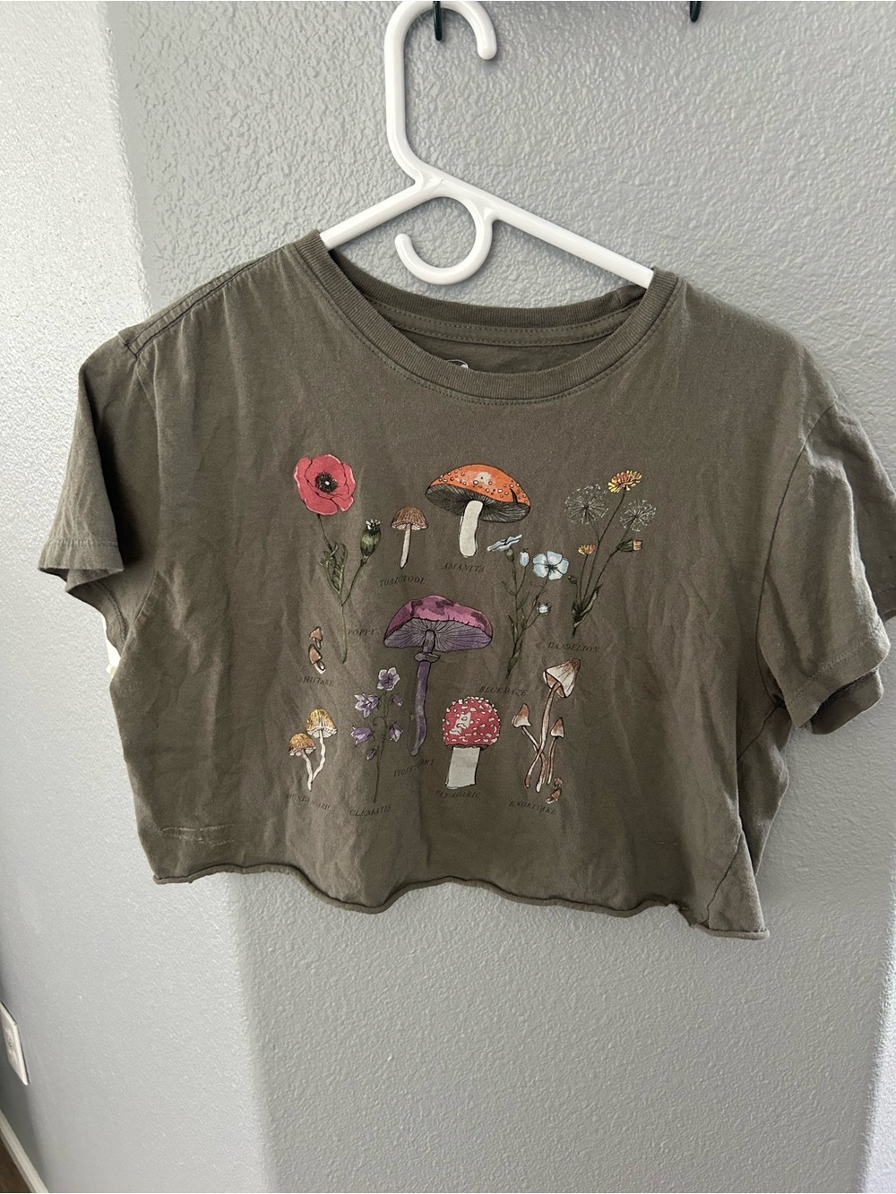 Olive Green Mushroom Graphic Crop Tee